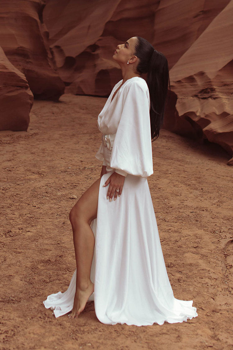 Graceful Deep V Bishop Sleeve High Split Evening Maxi Dress - White