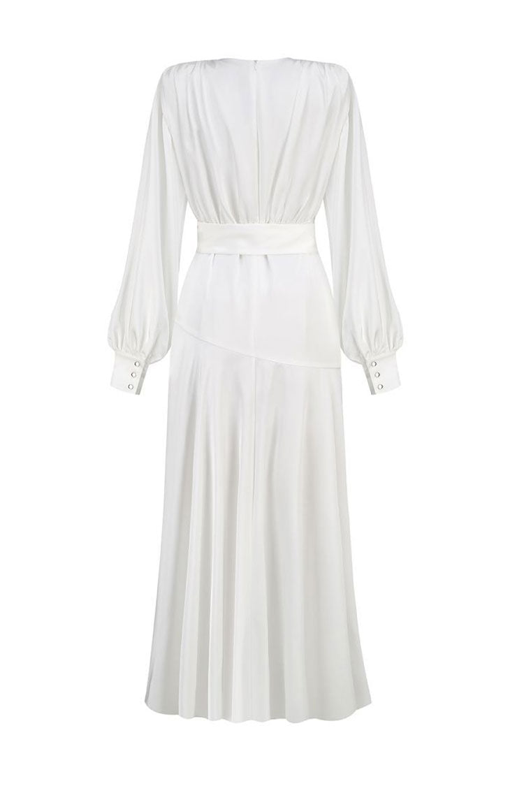 Graceful Deep V Bishop Sleeve High Split Evening Maxi Dress - White