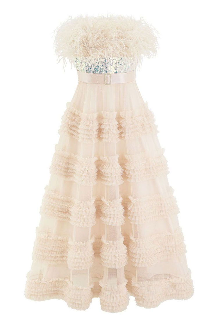 Graceful Feather Strapless Sequin Tiered Ruffle Tulle Evening Maxi Dress - Apricot