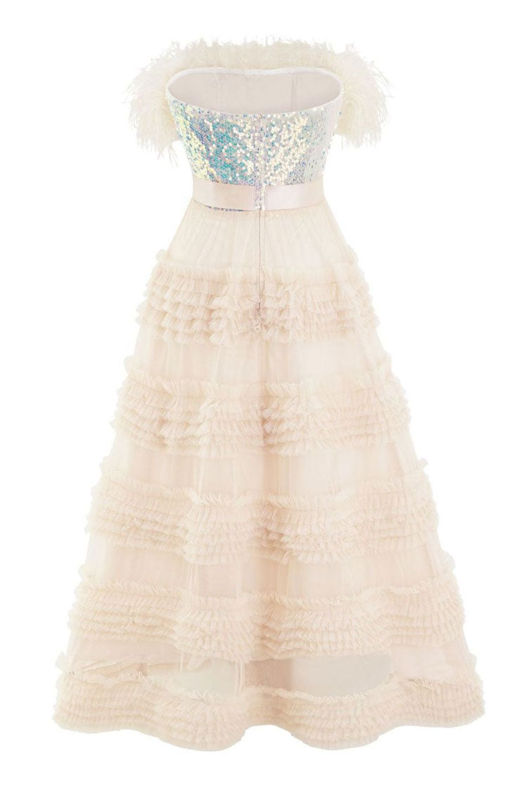 Graceful Feather Strapless Sequin Tiered Ruffle Tulle Evening Maxi Dress - Apricot