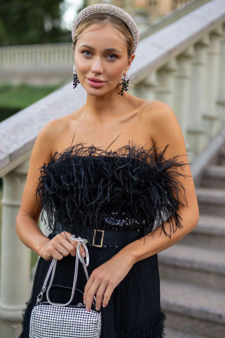 Graceful Feather Strapless Sequin Tiered Ruffle Tulle Evening Maxi Dress - Black