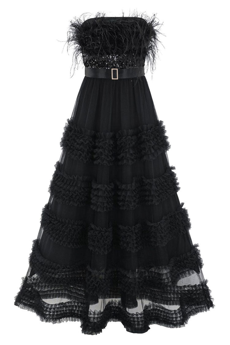 Graceful Feather Strapless Sequin Tiered Ruffle Tulle Evening Maxi Dress - Black