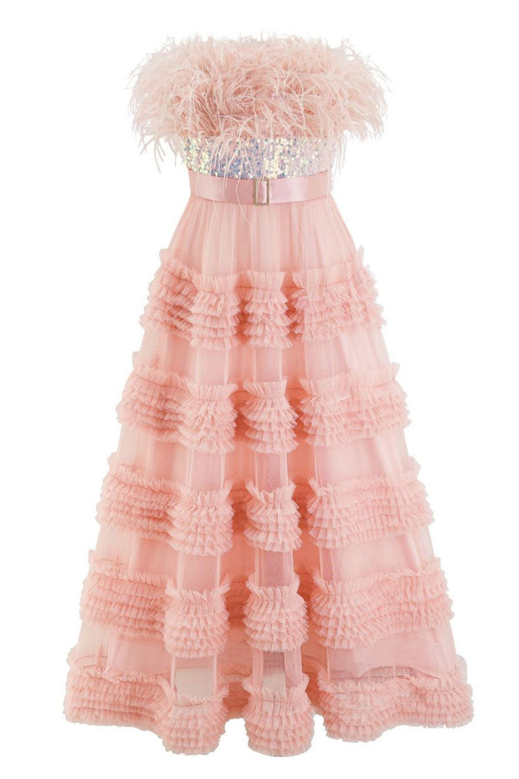Refined Feather Strapless Sequin Tiered Ruffle Tulle Evening Maxi Dress - Pink