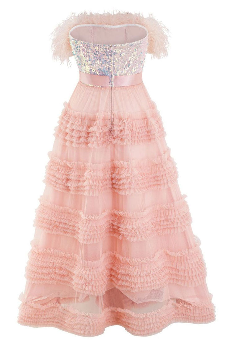 Refined Feather Strapless Sequin Tiered Ruffle Tulle Evening Maxi Dress - Pink