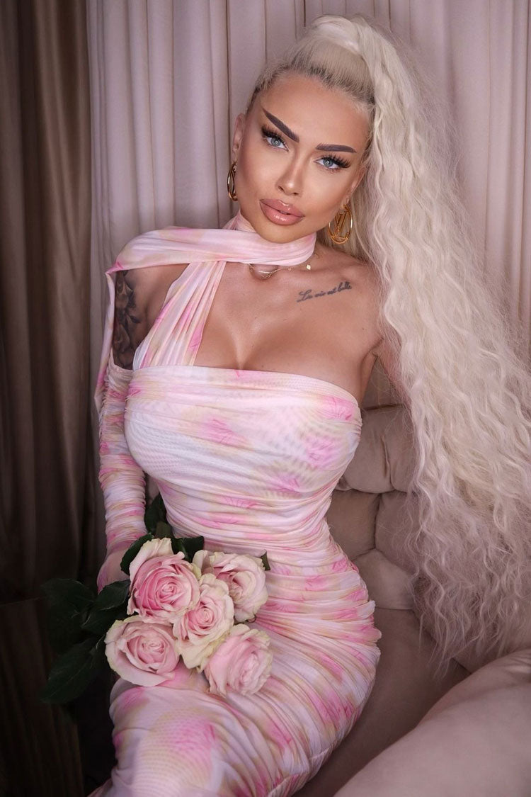 Graceful Glove Draped Halter Floral Mesh Ruched Formal Maxi Dress - Pink