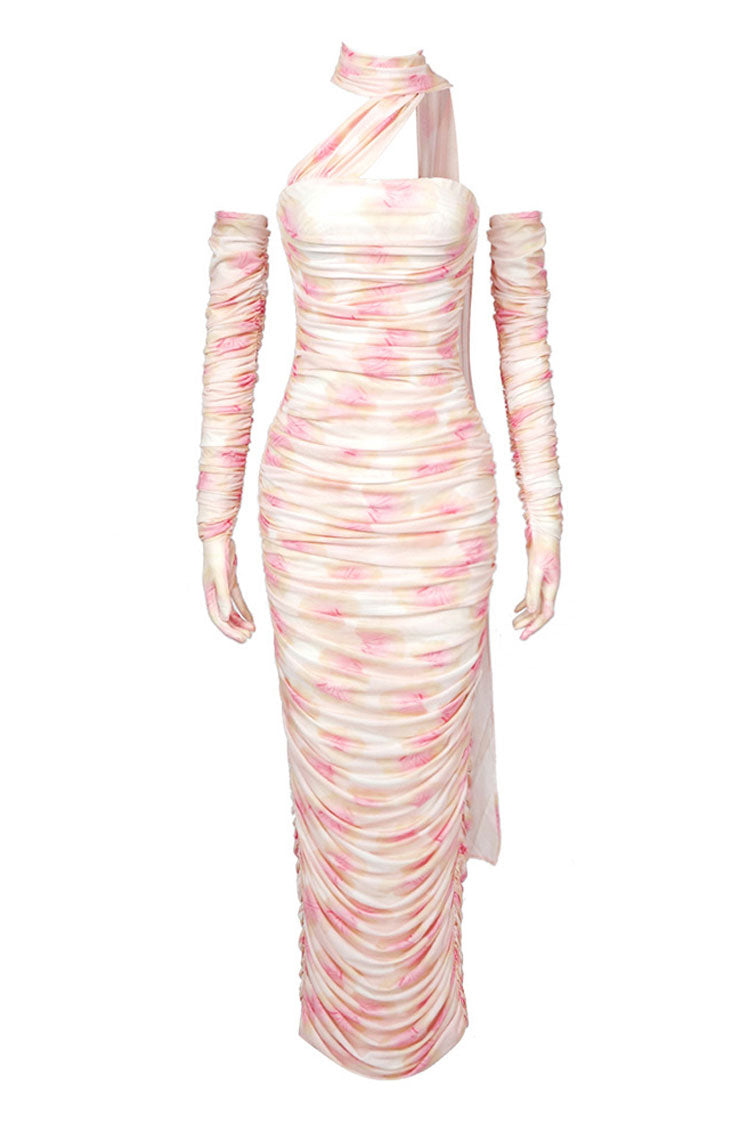 Graceful Glove Draped Halter Floral Mesh Ruched Formal Maxi Dress - Pink