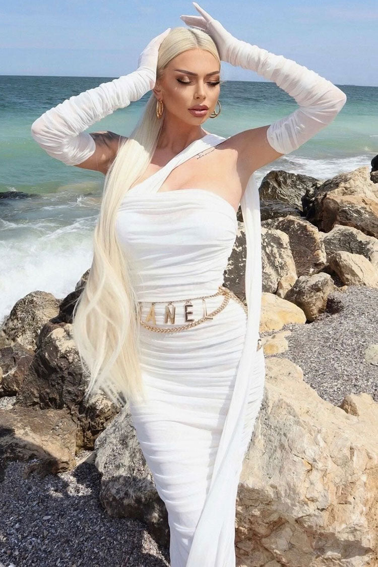Graceful Glove Draped Halter Mesh Ruched Bodycon Formal Maxi Dress - White