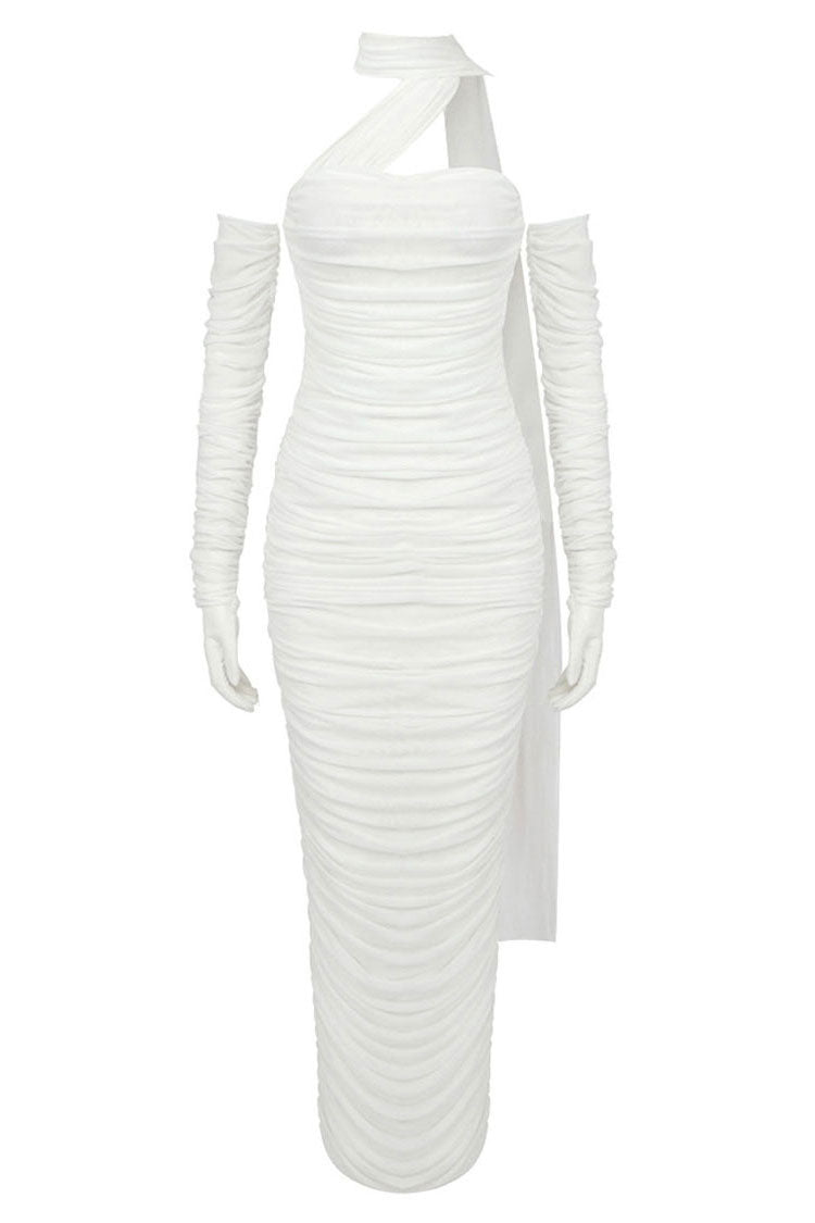 Graceful Glove Draped Halter Mesh Ruched Bodycon Formal Maxi Dress - White