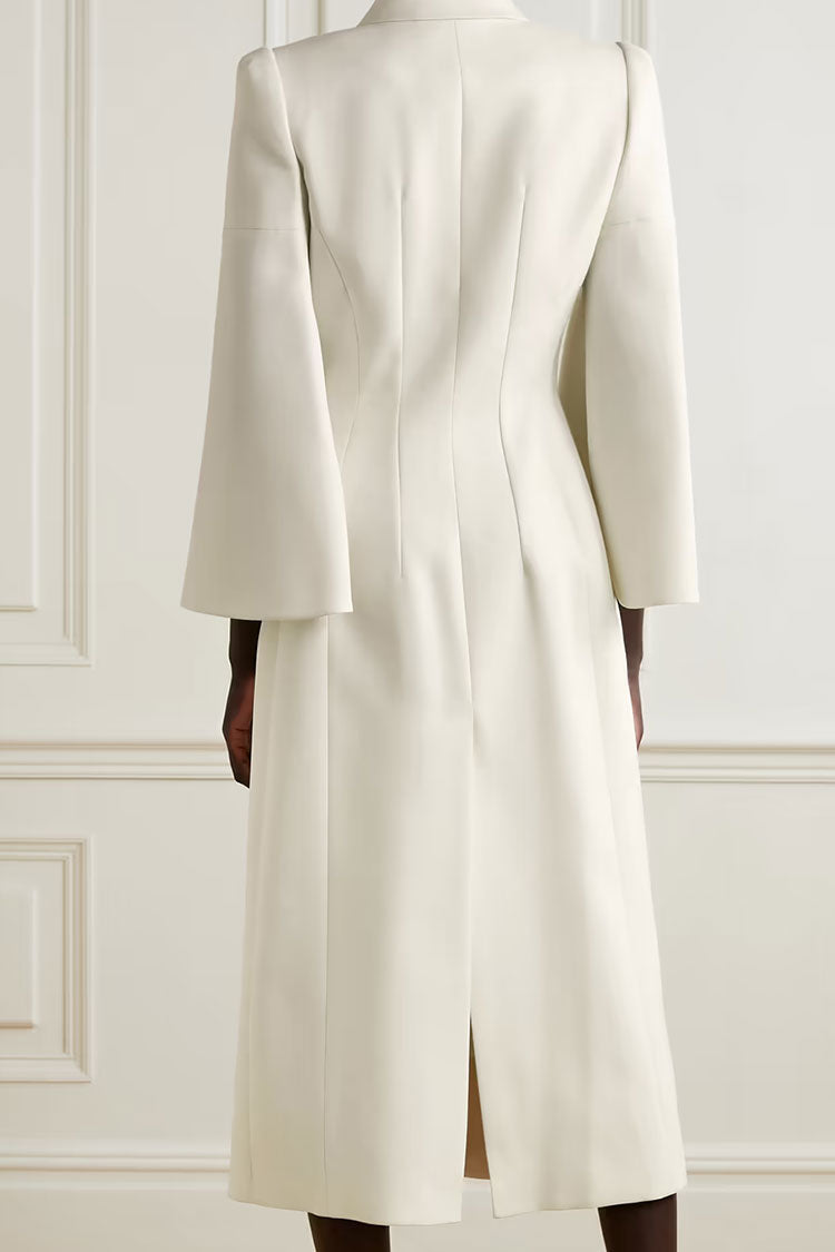 Graceful Lapel Collar Bell Sleeve Double Breasted Tailored Blazer Midi Dress - White