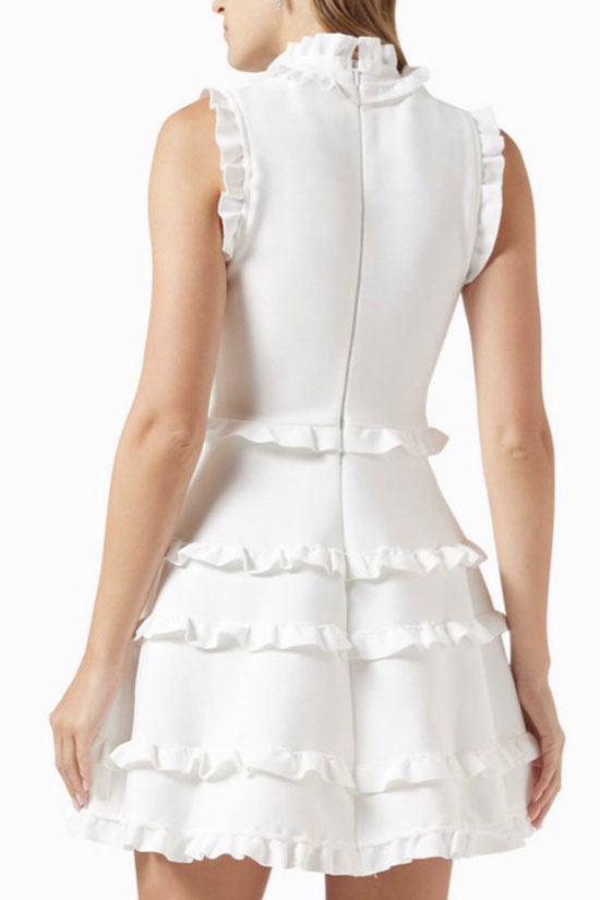 Refined Layered Ruffle High Neck A Line Sleeveless Bandage Party Mini Dress - White