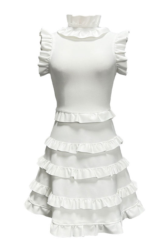 Refined Layered Ruffle High Neck A Line Sleeveless Bandage Party Mini Dress - White
