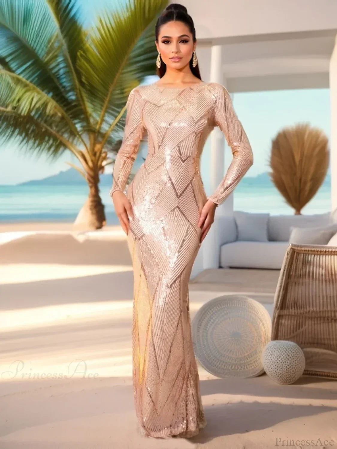 Graceful O Neck Long Sleeves Evening Prom Bodycon Dress Green Party Dress