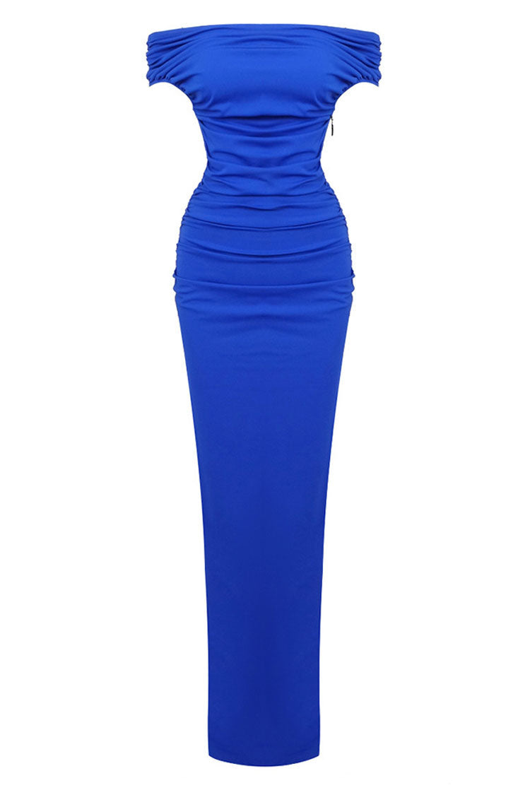 Refined Off Shoulder Ruched Size Zip Split Evening Maxi Dress - Royal Blue