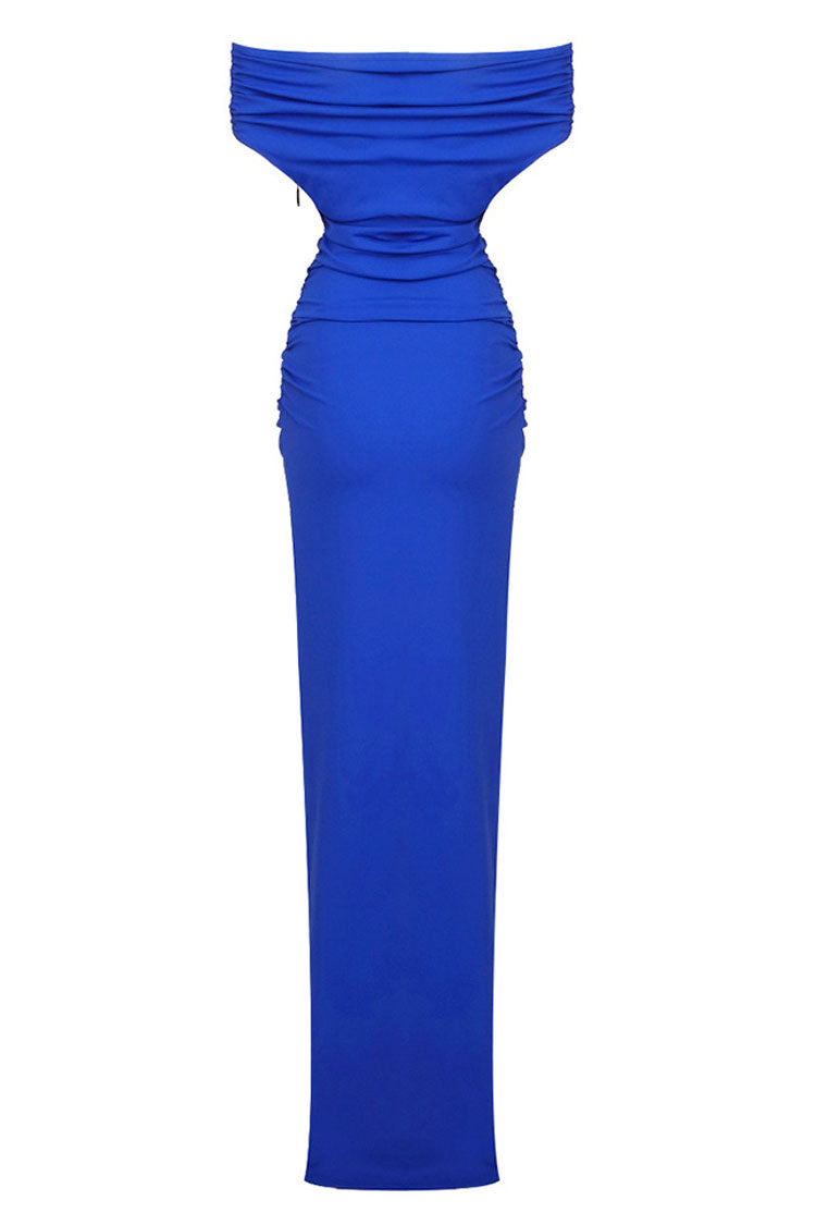 Refined Off Shoulder Ruched Size Zip Split Evening Maxi Dress - Royal Blue