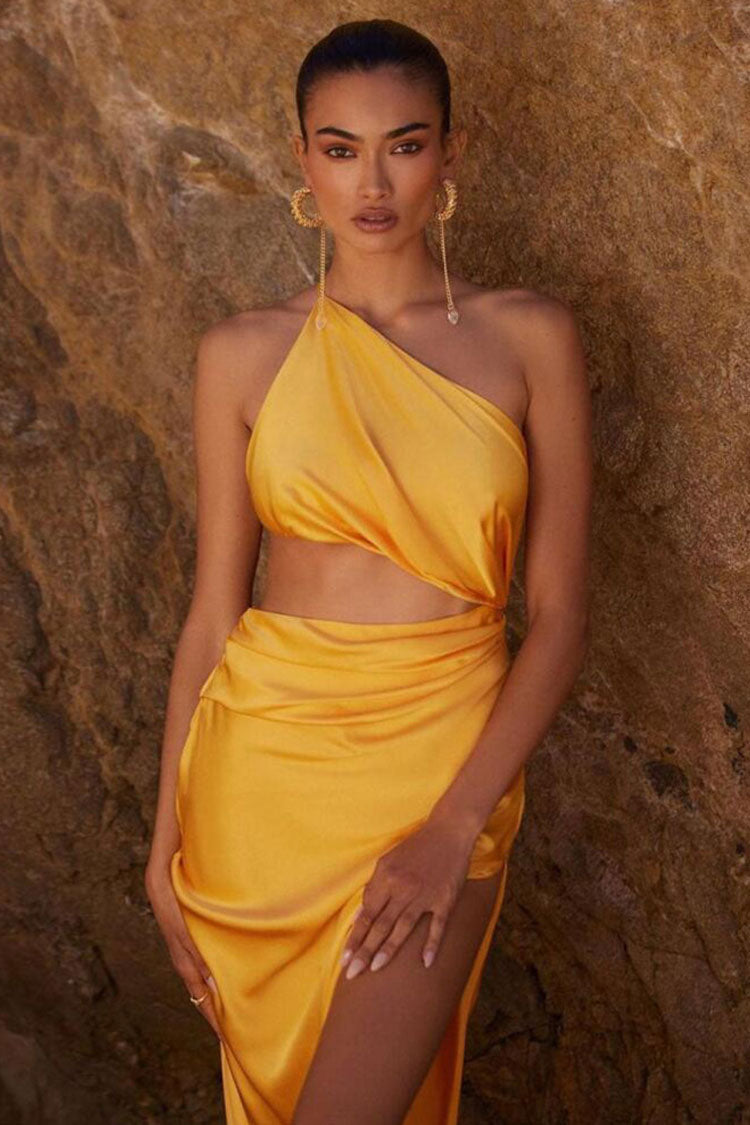 Chic One Shoulder Cutout High Split Silky Satin Evening Maxi Dress - Yellow