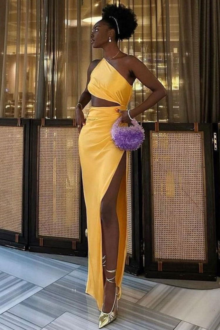 Chic One Shoulder Cutout High Split Silky Satin Evening Maxi Dress - Yellow
