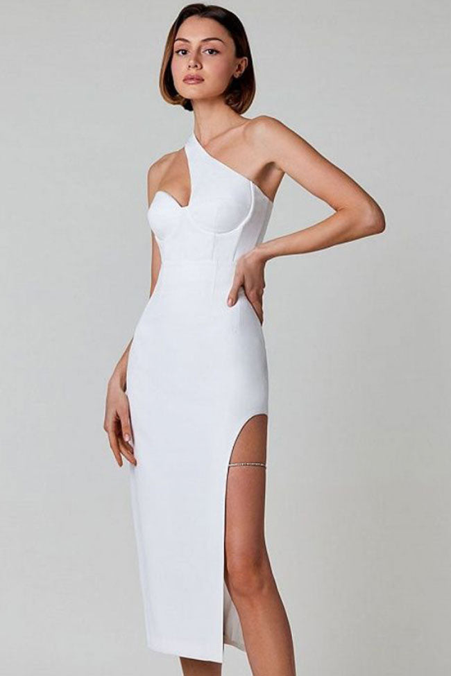 Graceful One Shoulder Rhinestone High Split Cocktail Party Midi Dress - White