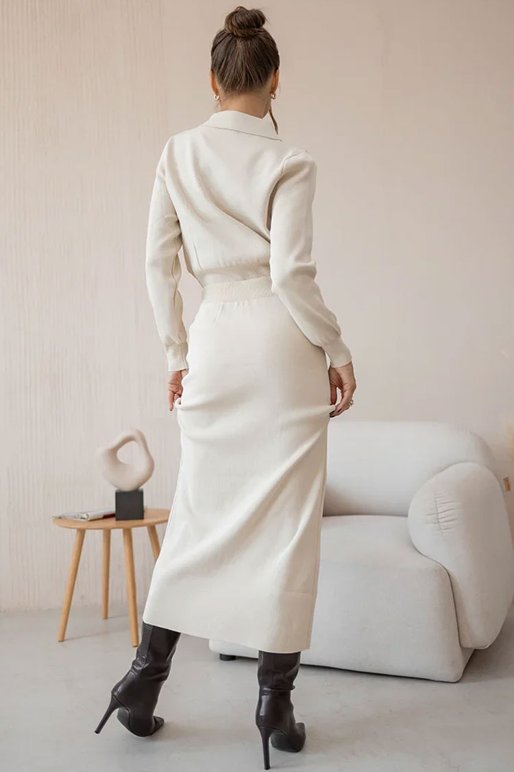 Graceful Patch Pocket Button Up Collared Cardigan Two Piece Midi Dress - Beige
