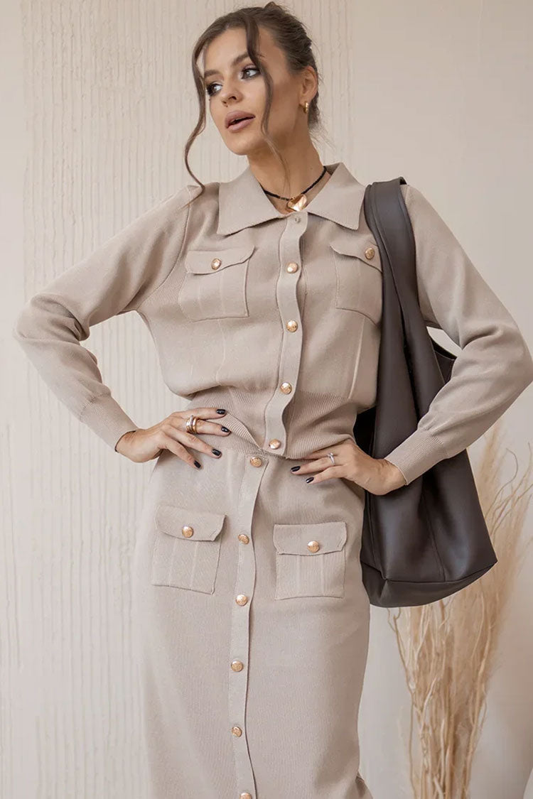 Graceful Patch Pocket Button Up Collared Cardigan Two Piece Midi Dress - Khaki