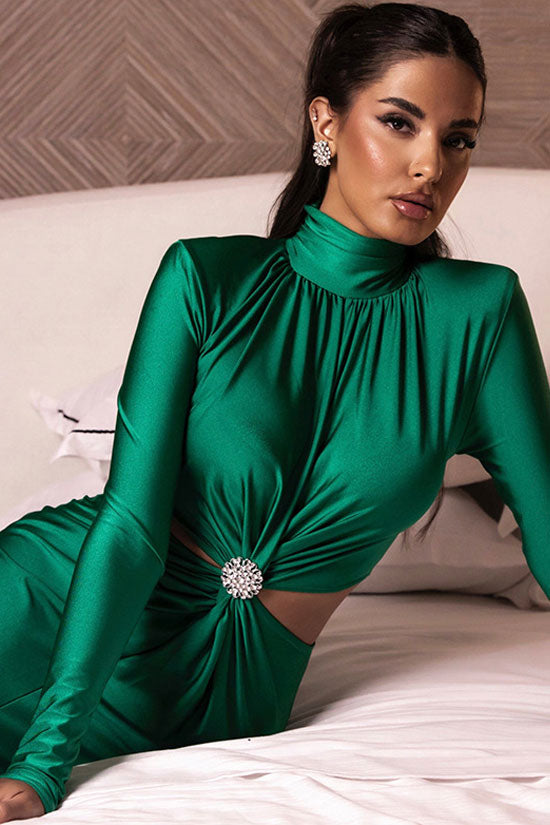 Graceful Rhinestone Twist Cutout Waist Long Sleeve Cocktail Midi Dress - Green