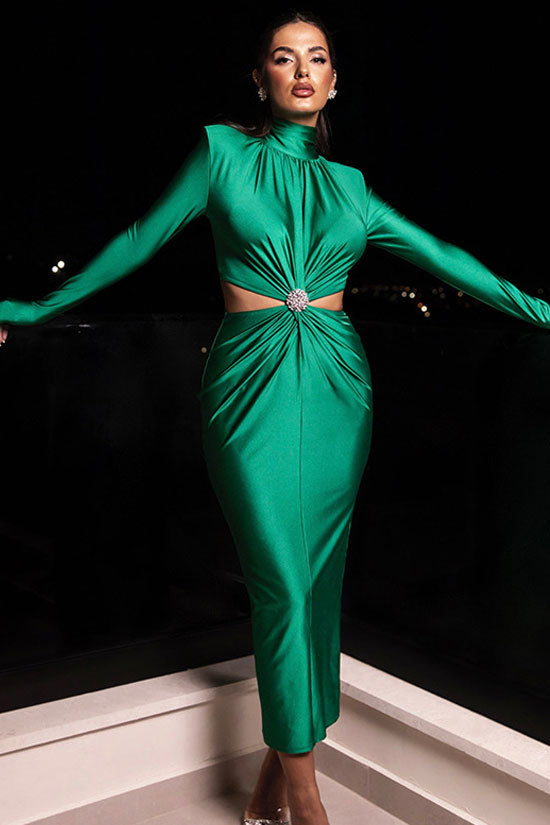 Graceful Rhinestone Twist Cutout Waist Long Sleeve Cocktail Midi Dress - Green