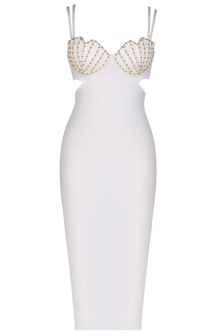 Graceful Seashells Sweetheart Cutout Bandage Sleeveless Midi Dress - White