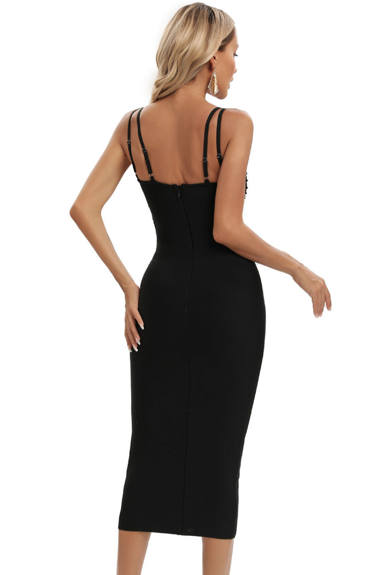 Graceful Seashells Sweetheart Cutout Bandage Sleeveless Midi Dress - Black