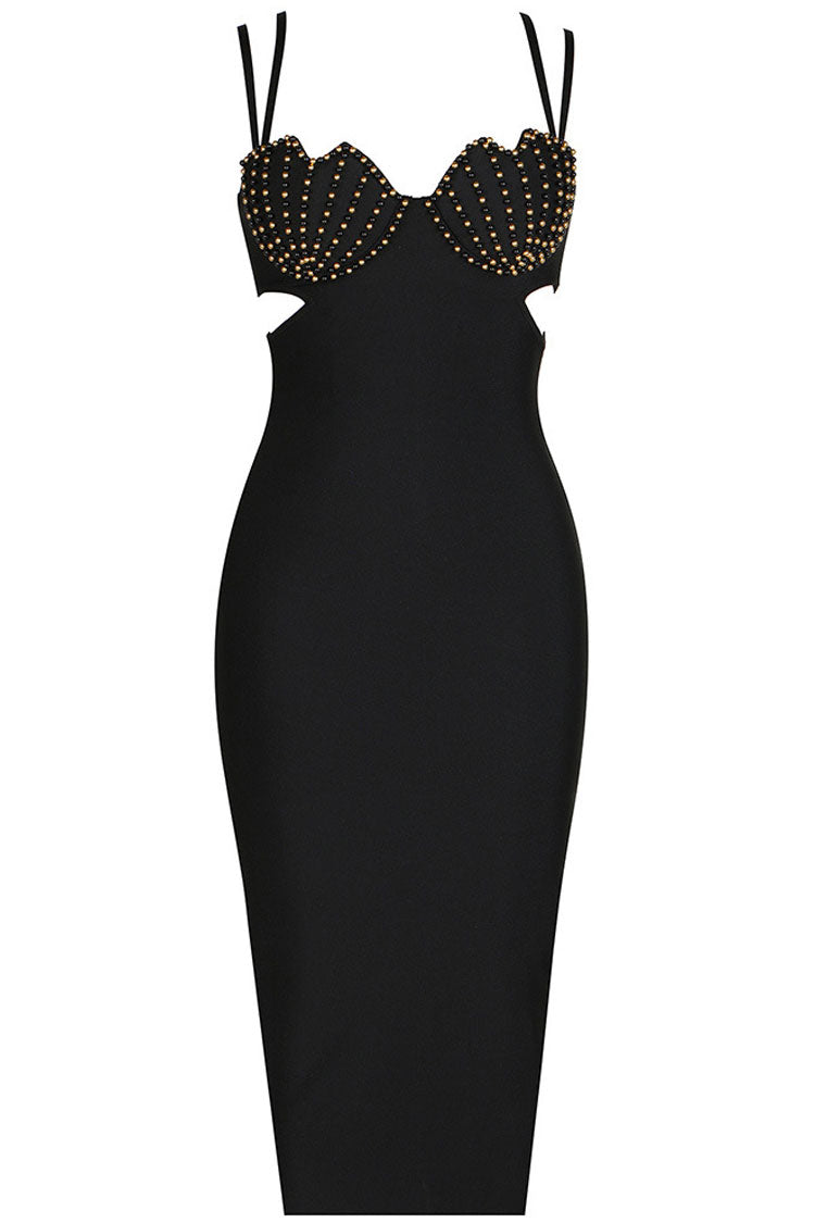 Graceful Seashells Sweetheart Cutout Bandage Sleeveless Midi Dress - Black