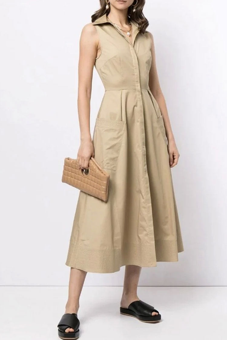 Graceful Sleeveless Cargo Pocket Button Down Skater Midi Dress - Khaki