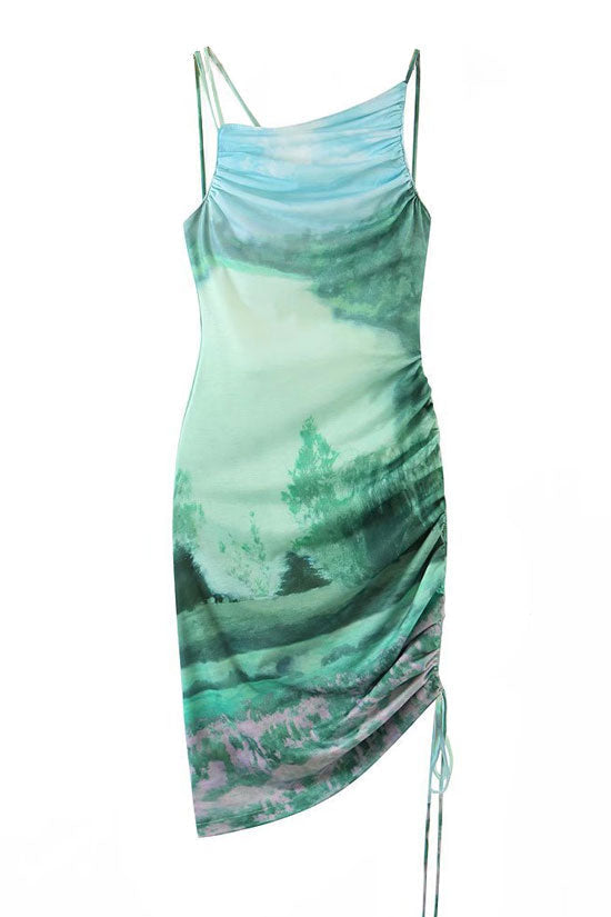 Graceful Sleeveless Drawstring Ruched Printed Midi Dress - Green