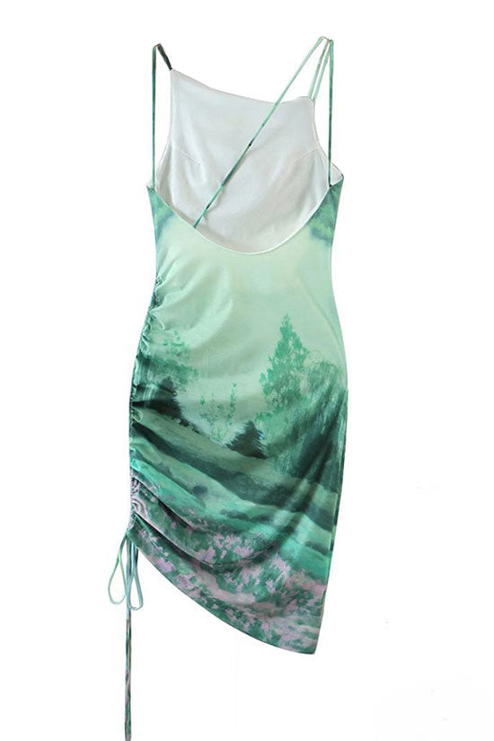 Graceful Sleeveless Drawstring Ruched Printed Midi Dress - Green