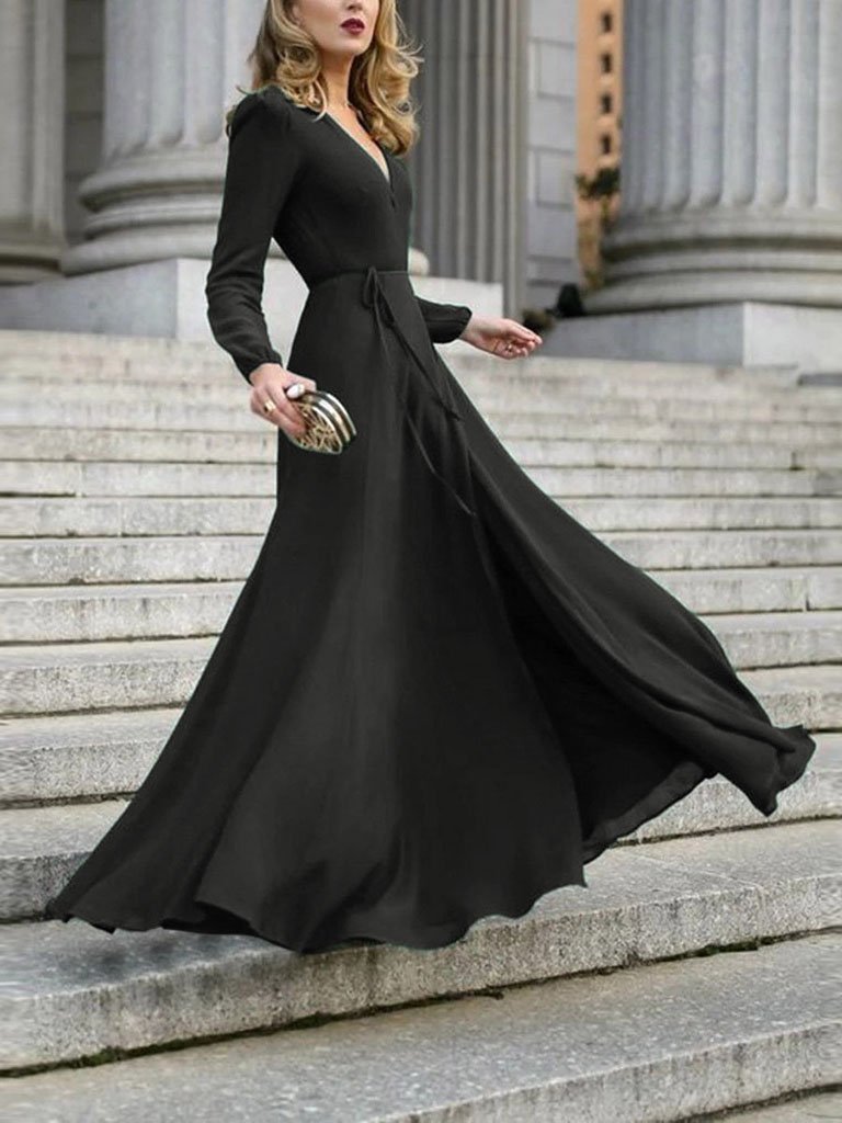 Chic Solid V neck Lace up Dress