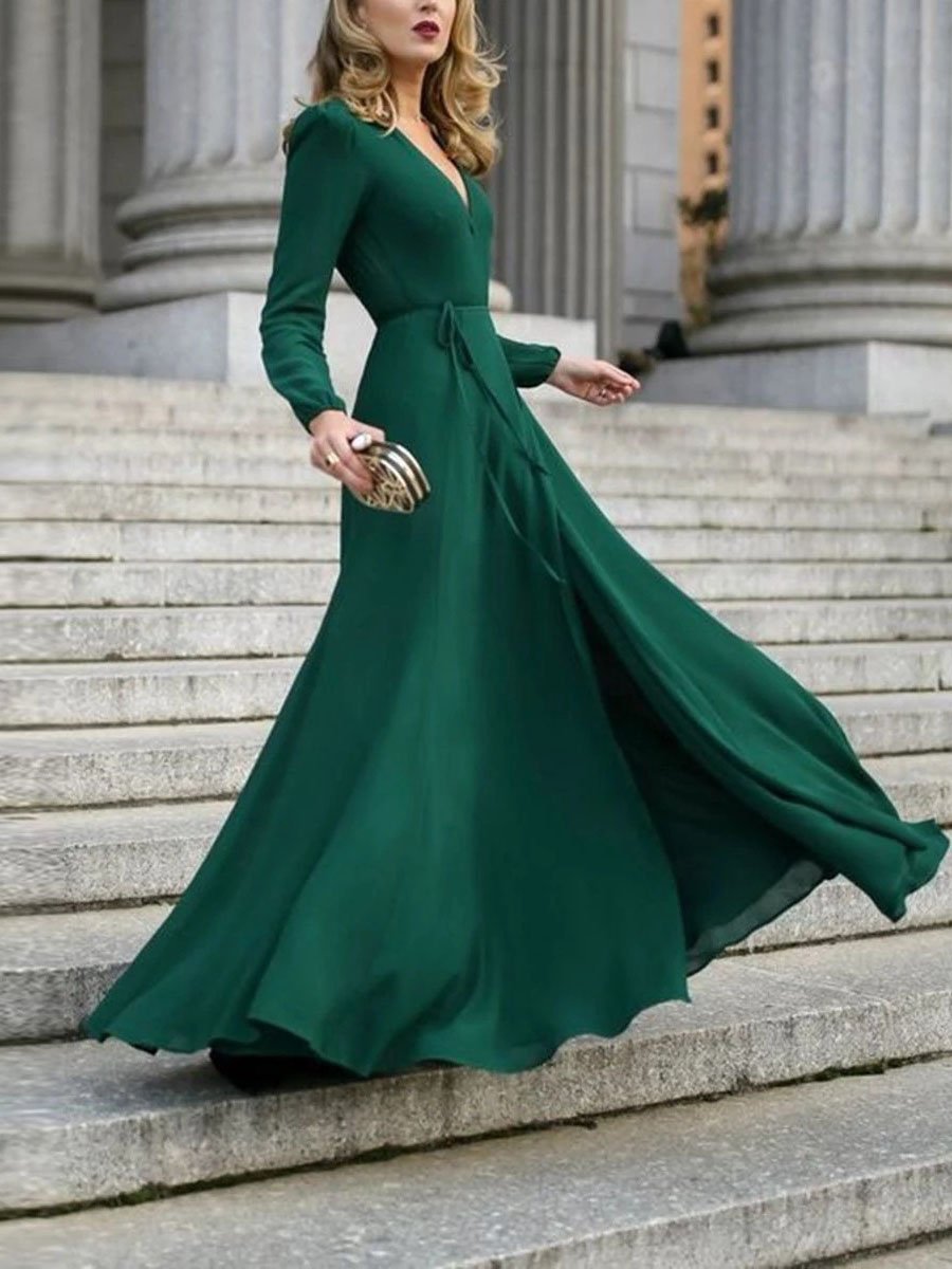 Chic Solid V neck Lace up Dress