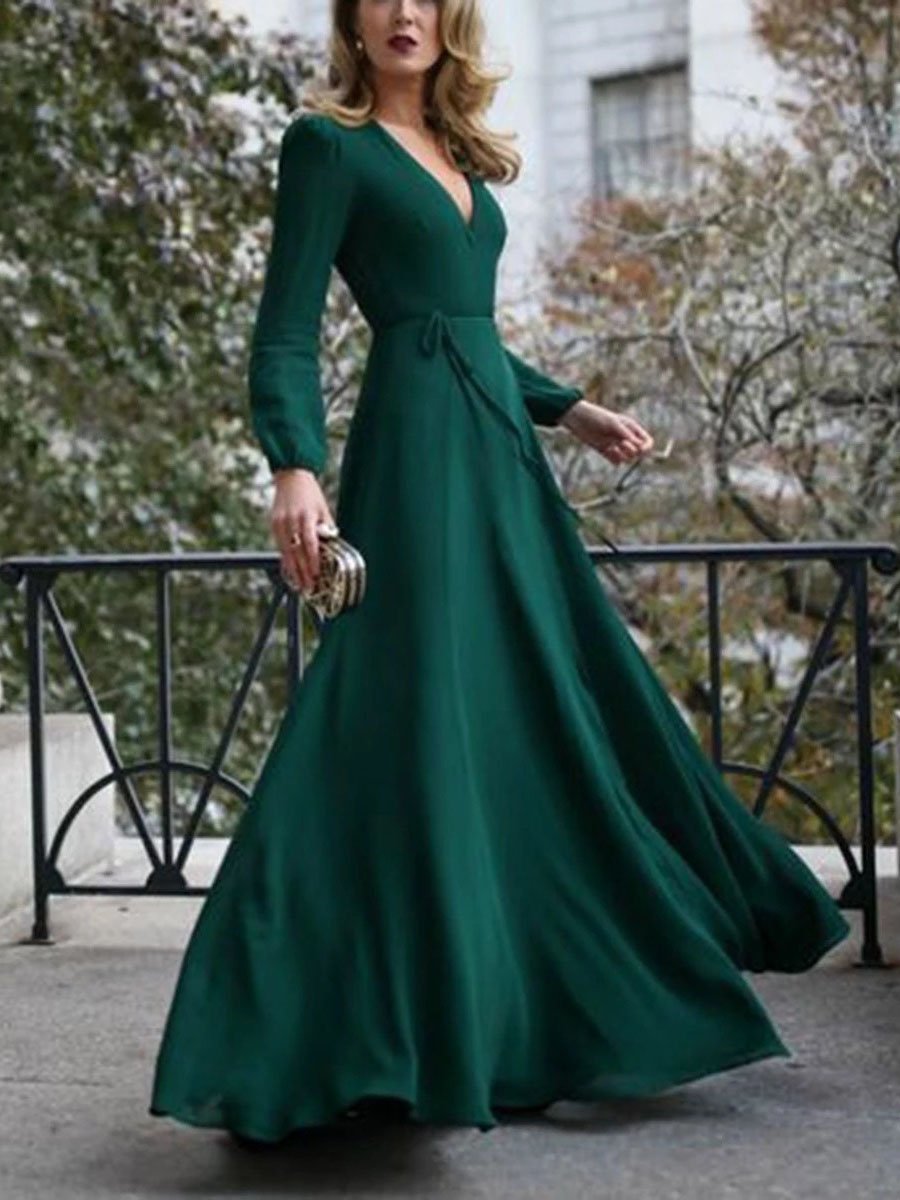Chic Solid V neck Lace up Dress
