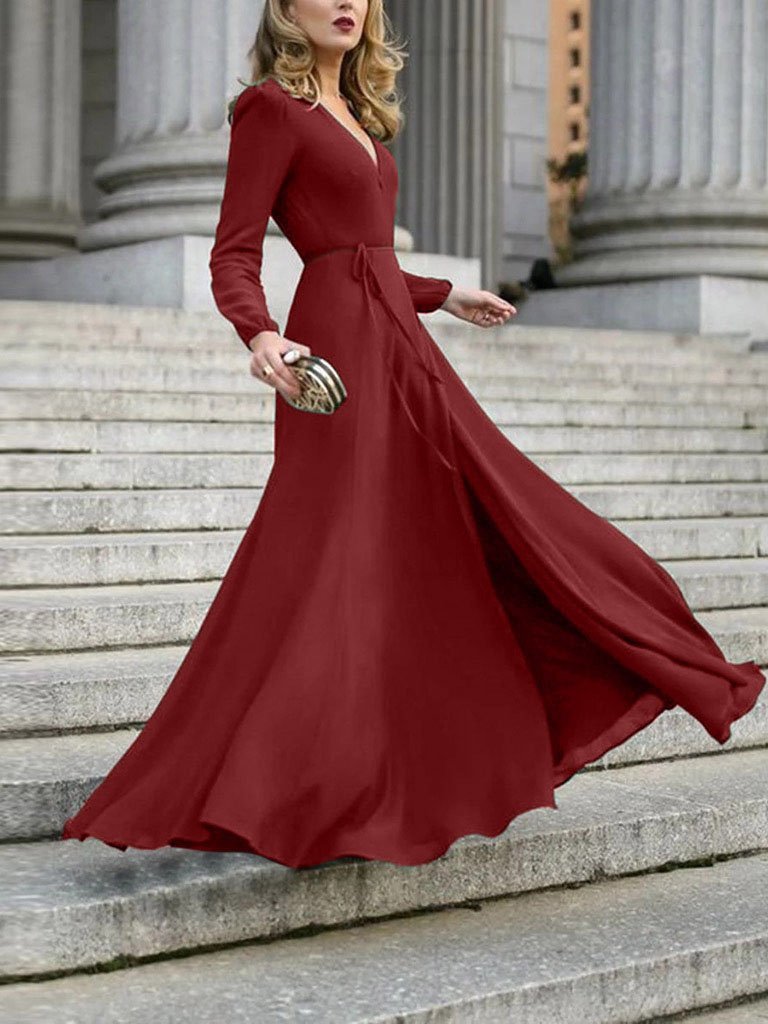 Chic Solid V neck Lace up Dress