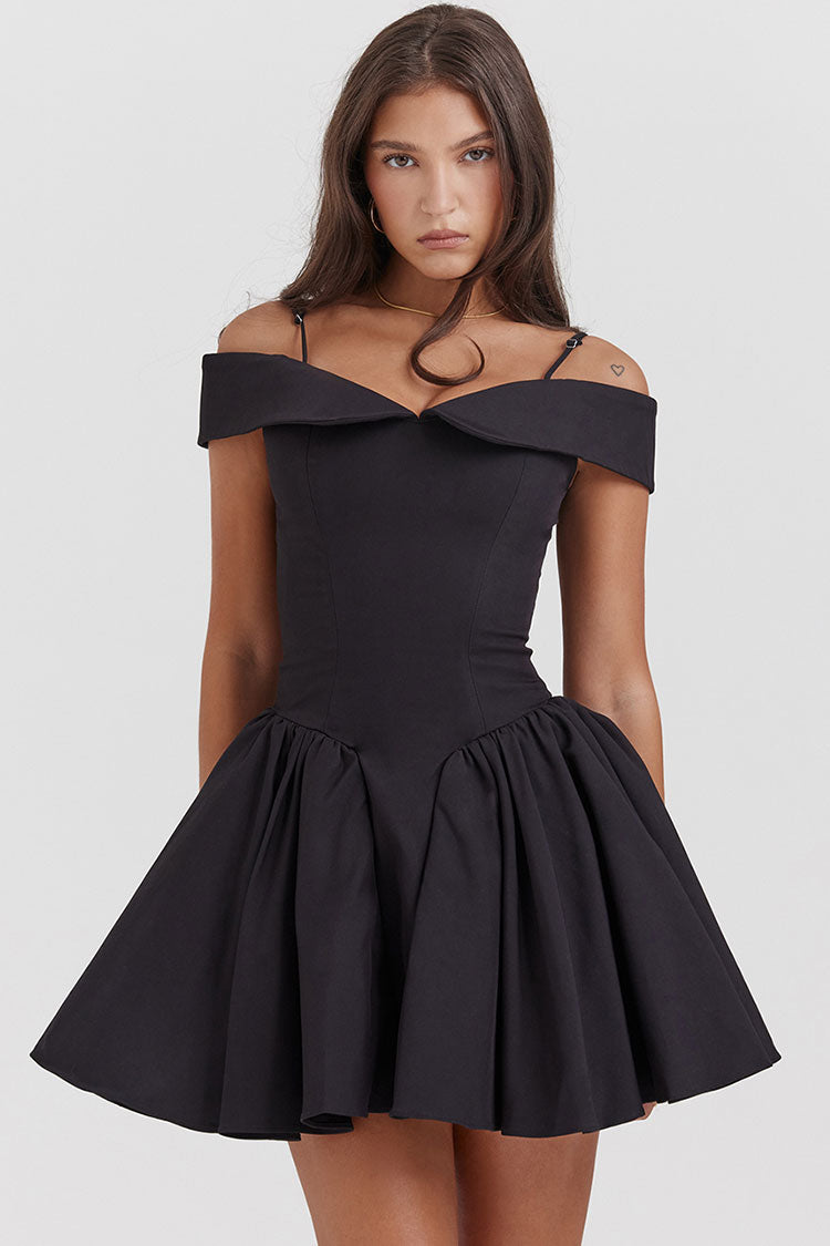 Graceful Spaghetti Strap Off Shoulder Drop Waist Fit & Flare Party Mini Dress - Black