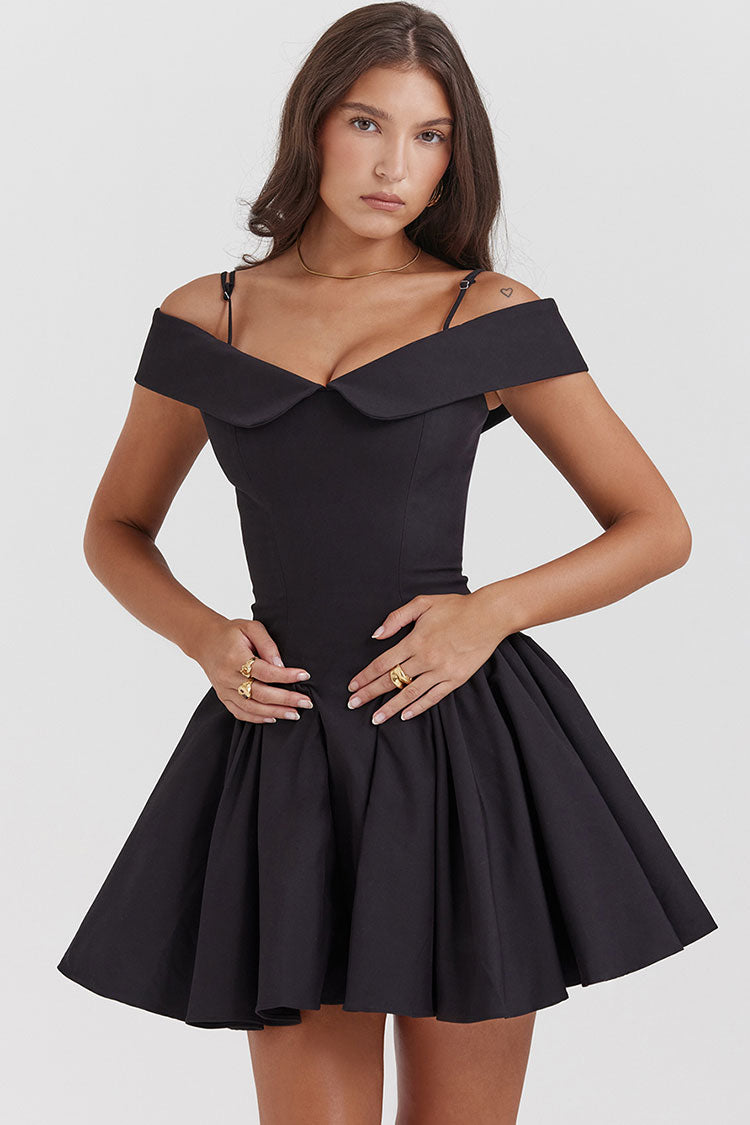 Graceful Spaghetti Strap Off Shoulder Drop Waist Fit & Flare Party Mini Dress - Black