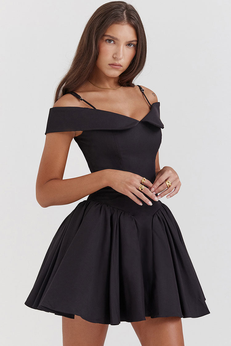 Graceful Spaghetti Strap Off Shoulder Drop Waist Fit & Flare Party Mini Dress - Black