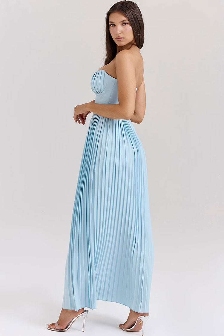 Chic Sweetheart Strapless Bustier Drop Waist Pleated Evening Maxi Dress