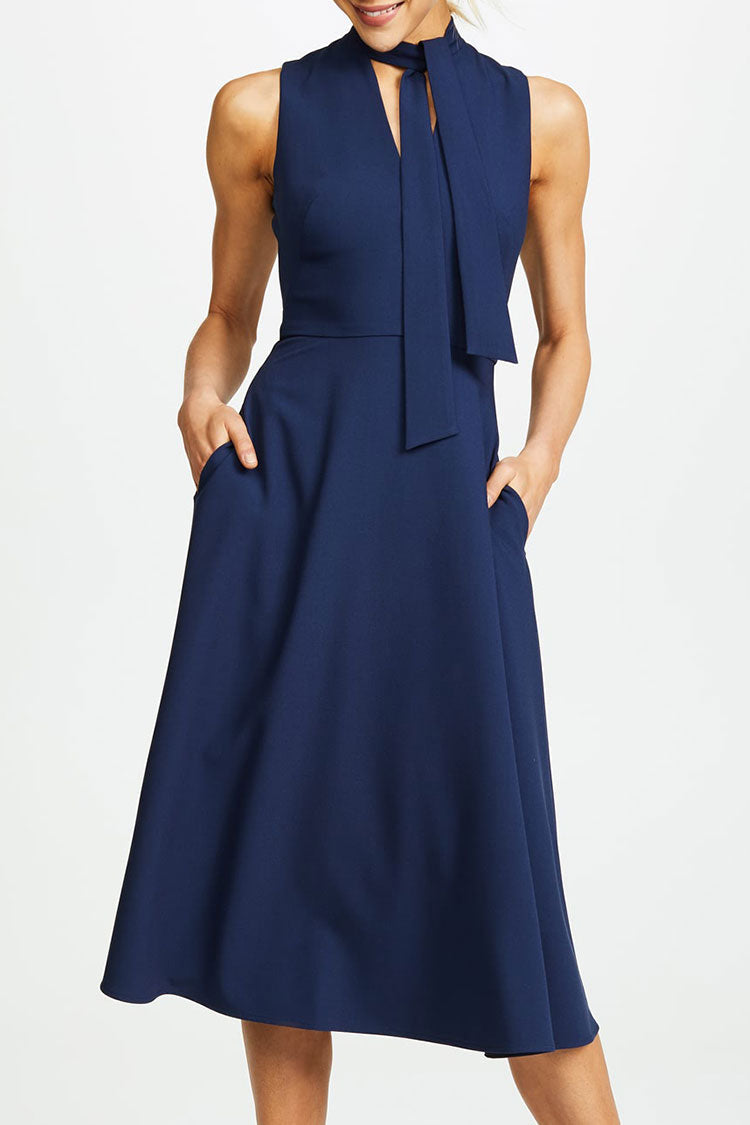 Graceful Tie Neck Sleeveless Fit & Flare Skater Midi Dress - Navy Blue