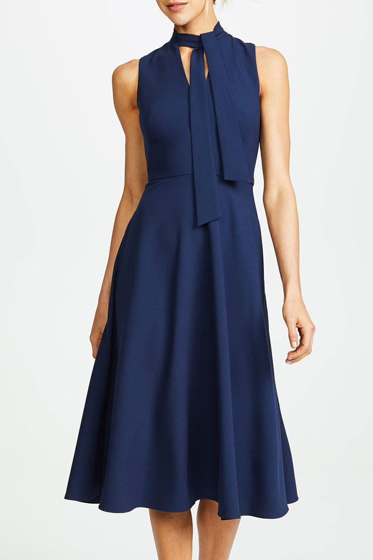 Graceful Tie Neck Sleeveless Fit & Flare Skater Midi Dress - Navy Blue
