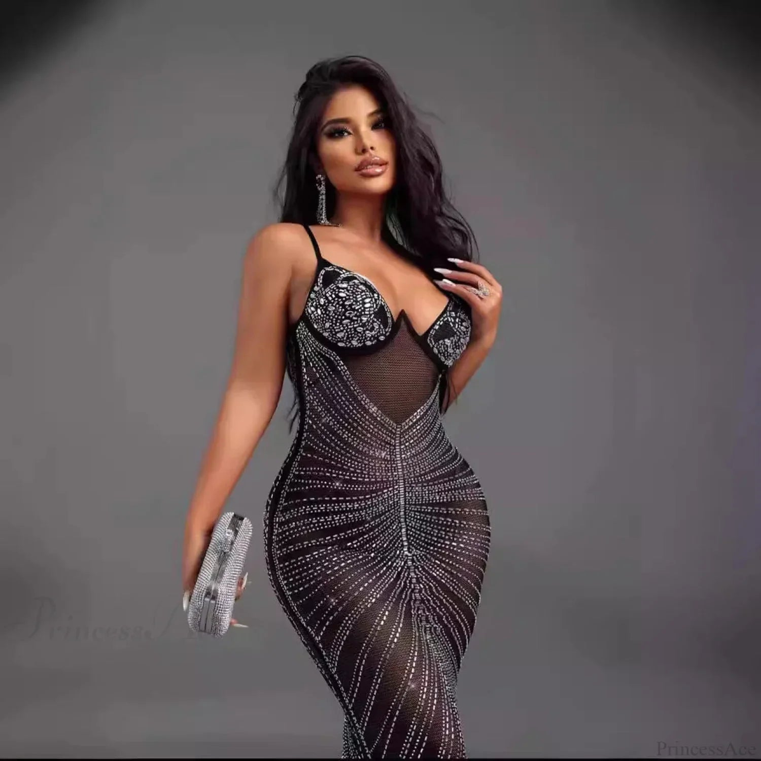 Graceful V-neck Rhinestone Sparkling Backless Prom Dress