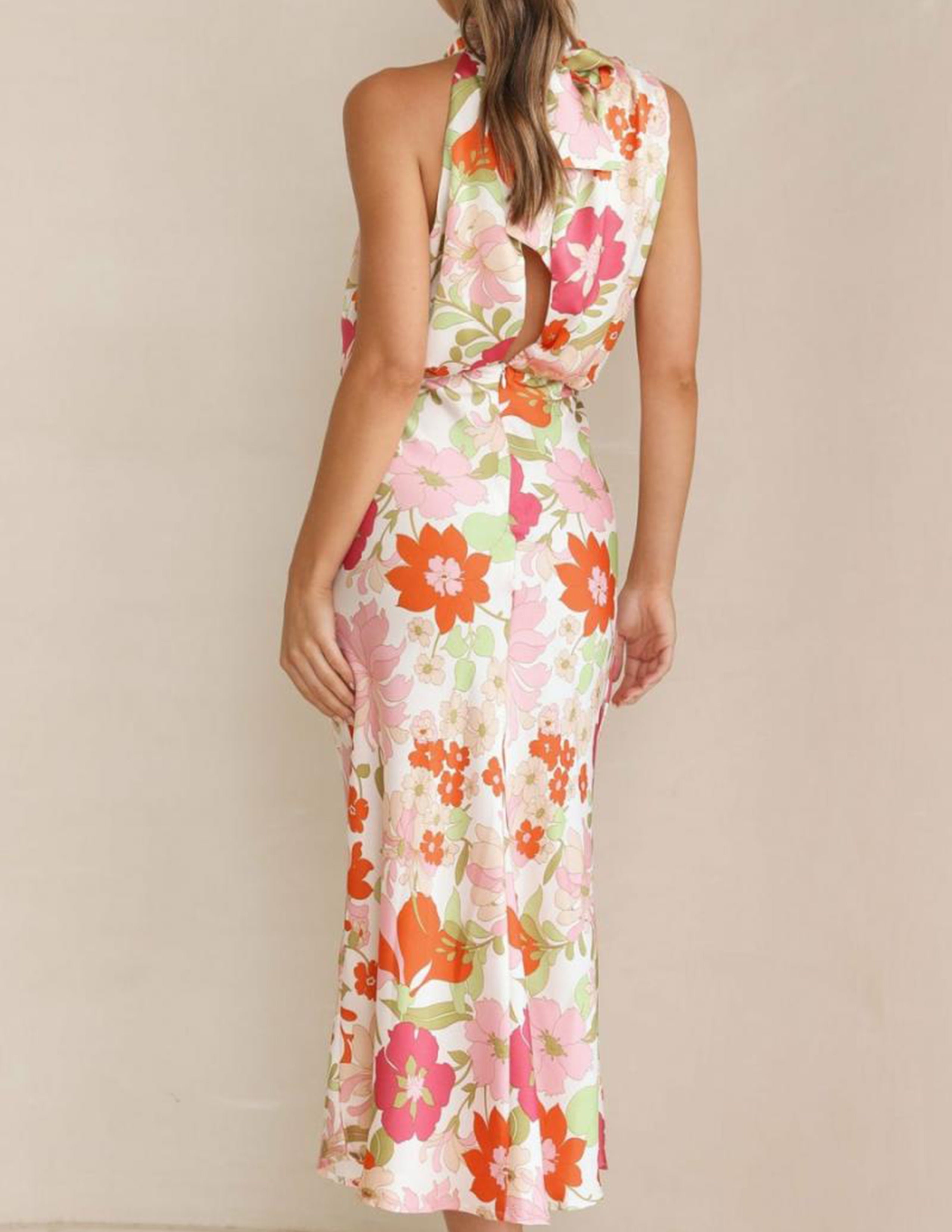 Botanical Halter Neck Elastic Waist Maxi Dress
