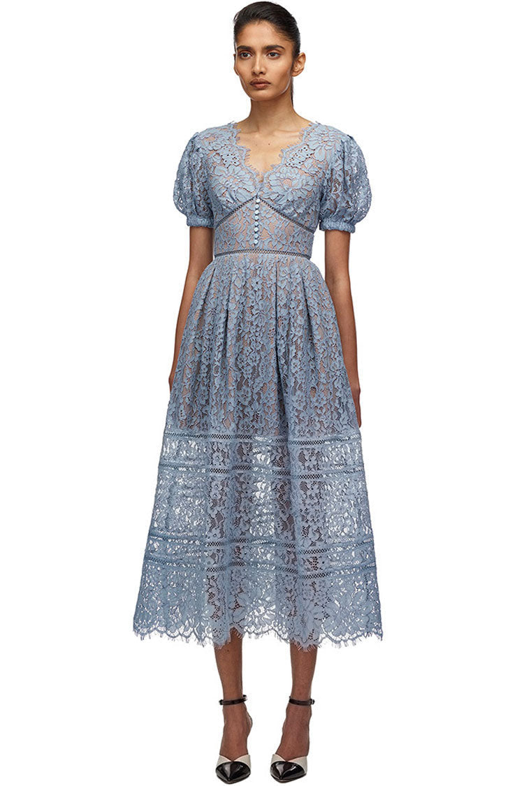 V Eyelash Neck Puff Sleeve French Lace A-Line Midi Dress - Sky Blue