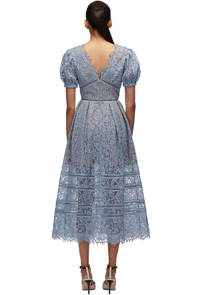 V Eyelash Neck Puff Sleeve French Lace A-Line Midi Dress - Sky Blue