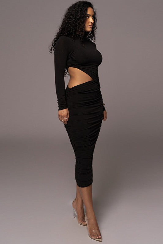 Sleeve Long Cutout Ruched Midi Dress