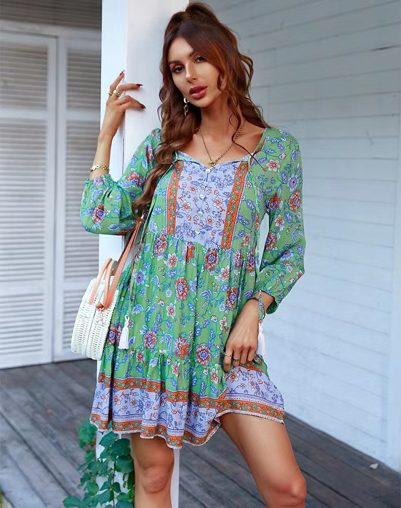 V neck Printed Laidback Bohemian Short Dress
