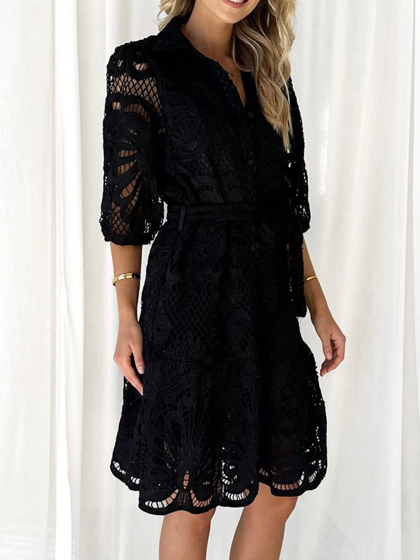 Minimalist Viola Lace Mini Dress with Tie Waist and Half Sleeves Boutique Collection