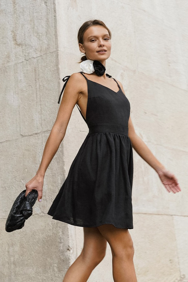Linen Black V Neck Cami Mini Dress