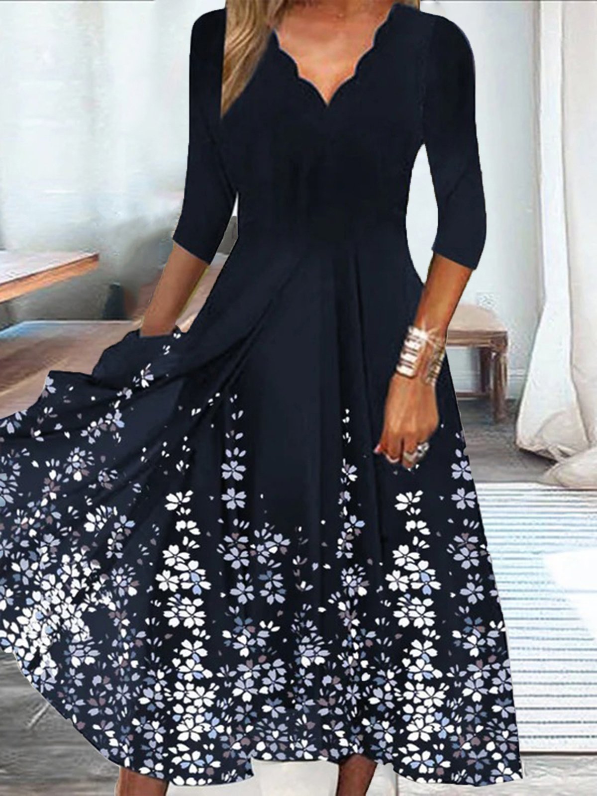 Sabrina Aesthetic Flower V Neck Midi Dress Chic Silhouette Collection
